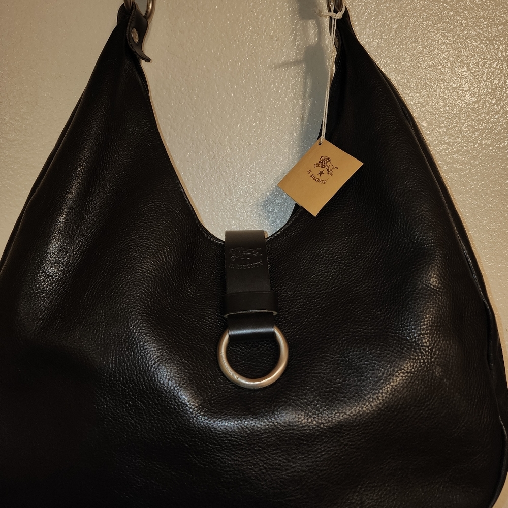 New Il Bisonte Vacchetta Leather Boho Shoulder Bag Black
